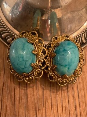 West Germany Signed Vintage Faux Turquoise Cabochon Filigree Clip-On Earrings